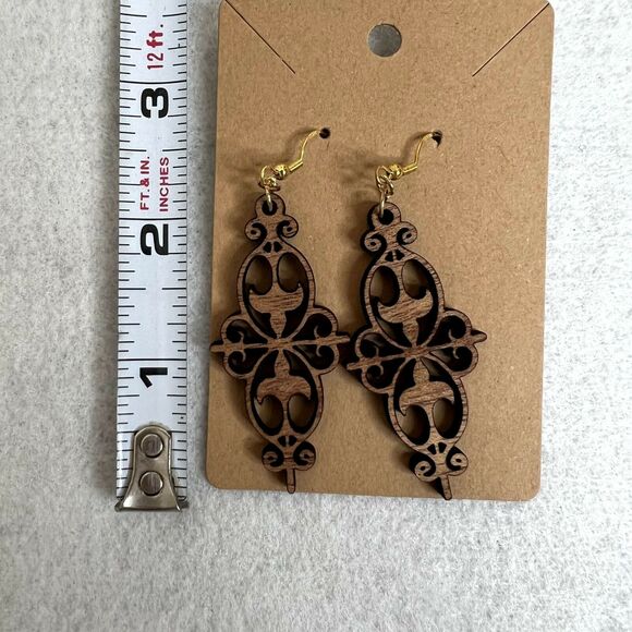 Wooden Victorian Geometric Cutout Earrings - Picture 3 of 3